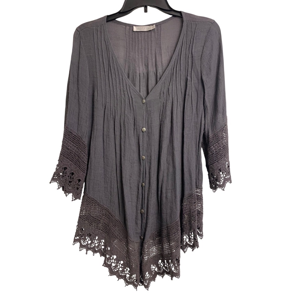 Solitaire Ravi Khosla Grey Crinkle Gauze Crochet Lace‎ Sharkbite Hem Tunic Top S
